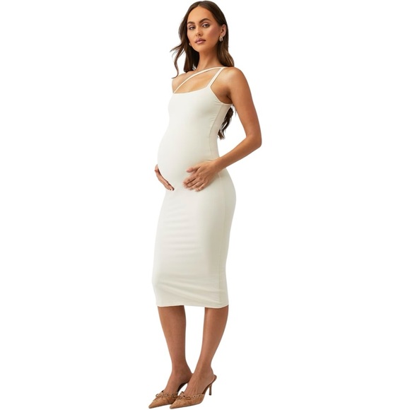 BUMPSUIT The Chloe Maternity Midi Dress | Cream Sleeveless Asymmetric Straps Med - Picture 7 of 7